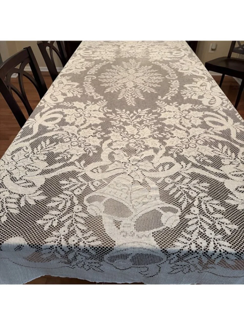 Vintage Christmas Lace Tablecloth Rectangular 108x68” Seasons Greetings Bells